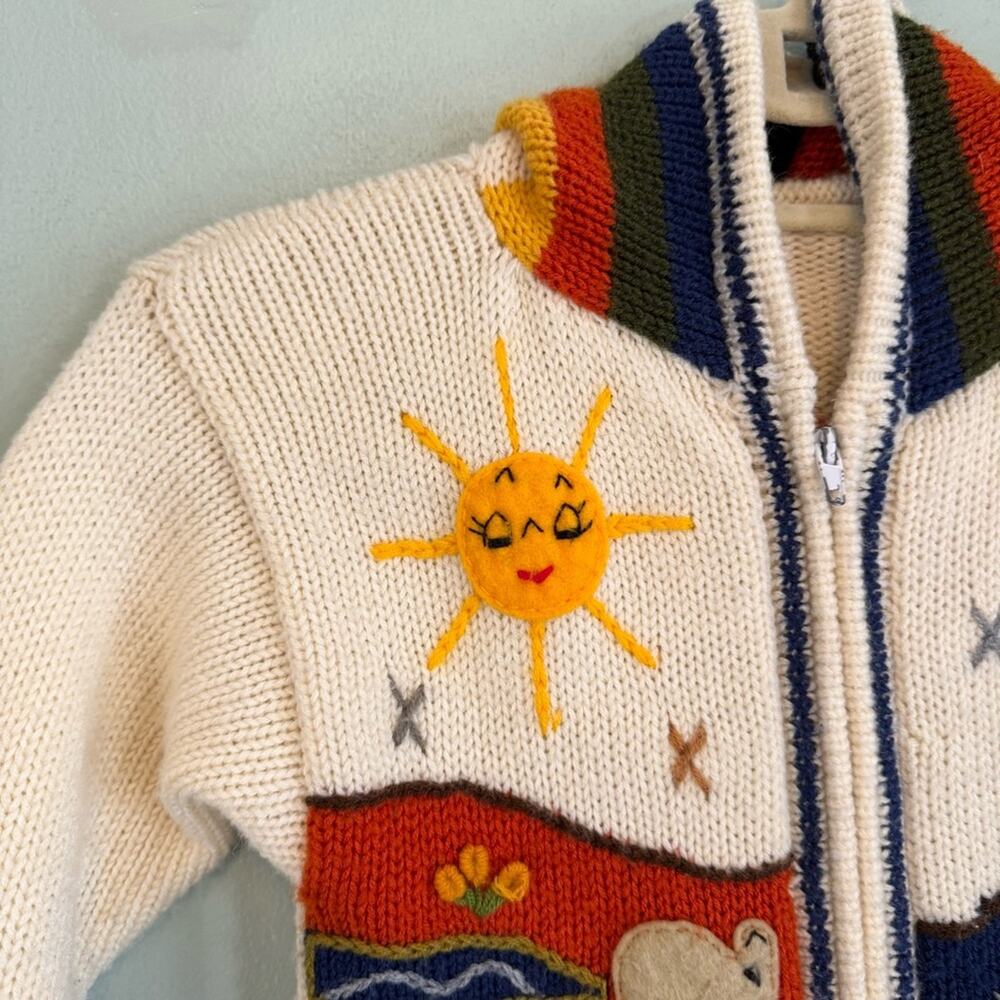 Sweater Kids Multicolor‎ Hand Knitted Wool 3D Hooded Long Sleeve Full Zip - Picture 6 of 9